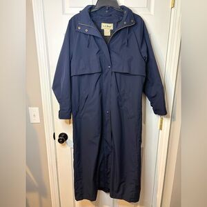 L.L. Bean Vintage Navy Blue Hooded 100% Wool Lined Duster Trench Rain Coat Small